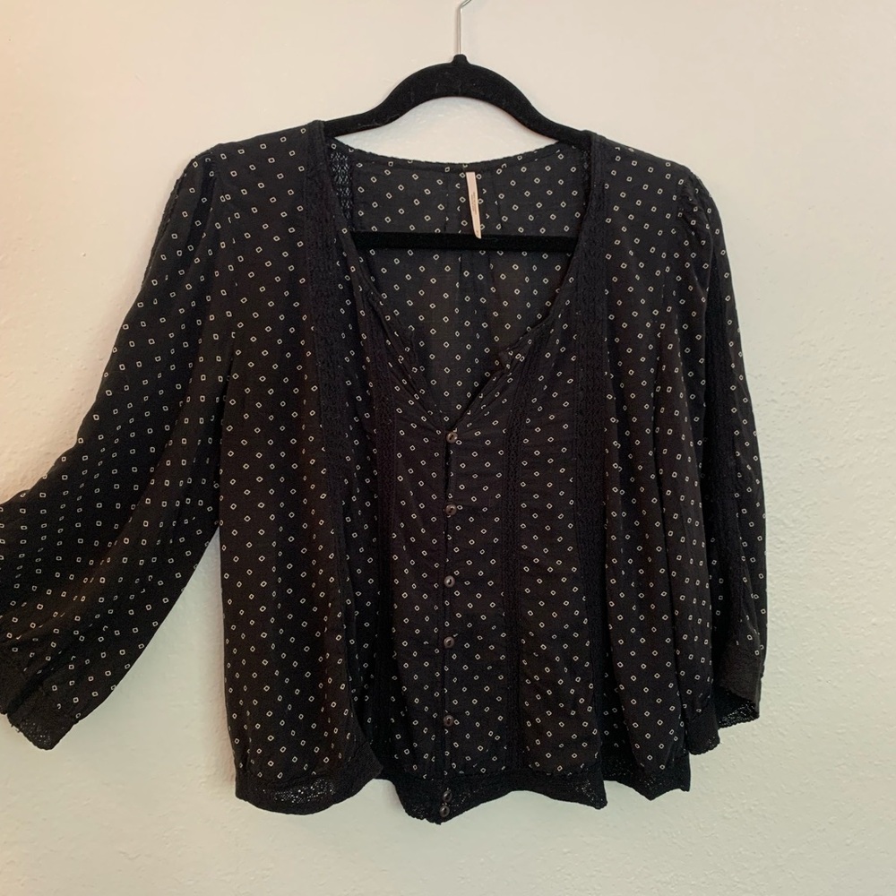Free People Diamond Print Lace Trim Button Front Blouse Size M